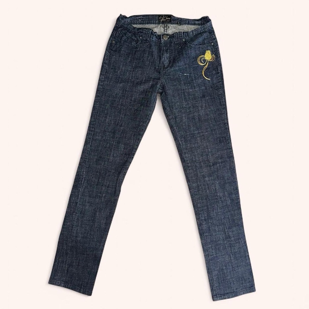 Paco Jeans Vintage Vtg Dark Blue Gold Floral Embroidered Jeans